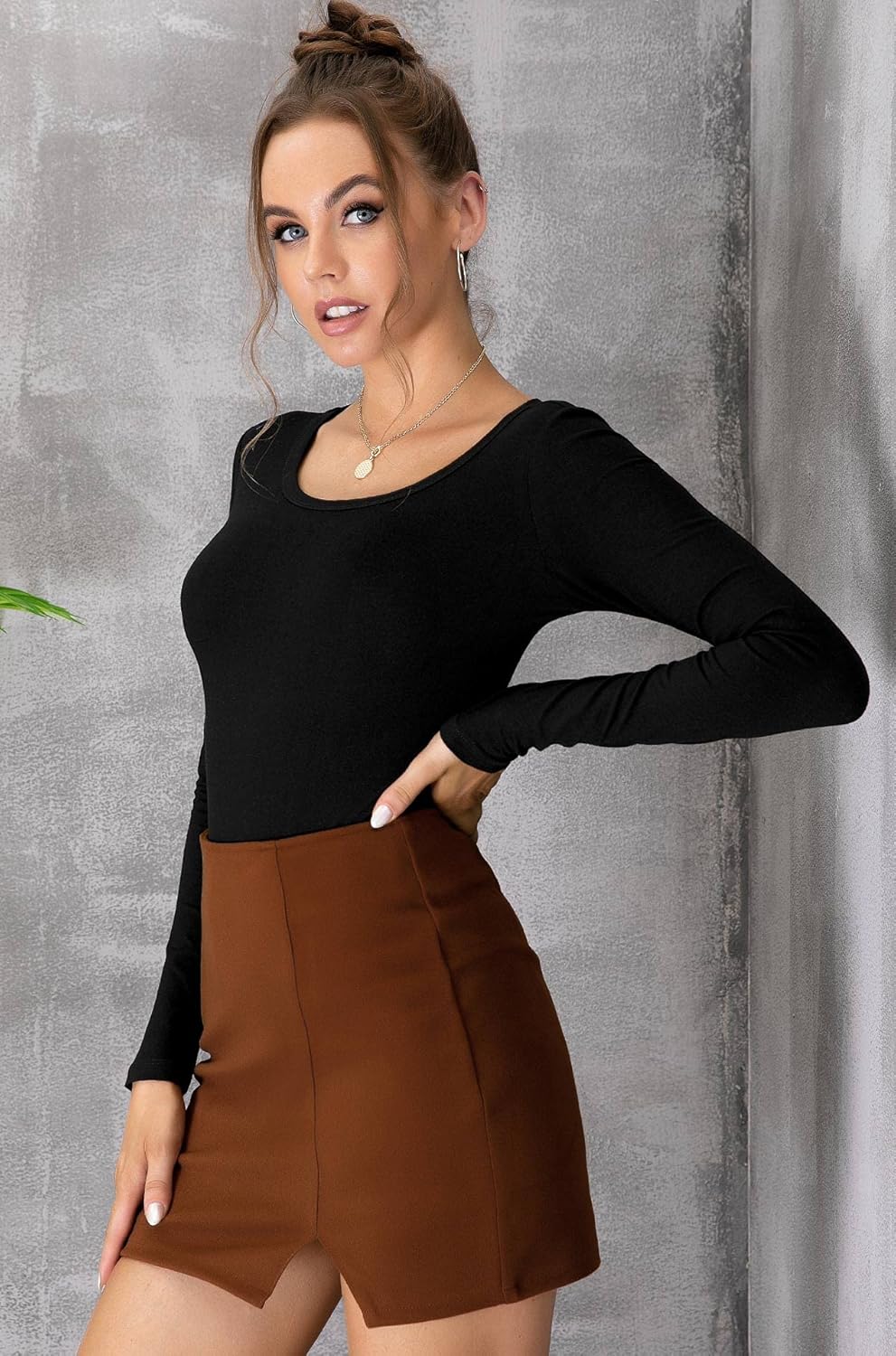 MANGDIUP Women's Crew Neck Long Sleeve Cotton Bodysuit, Stretch Comfy Everyday Wear Bodysuit for Women - Image 3