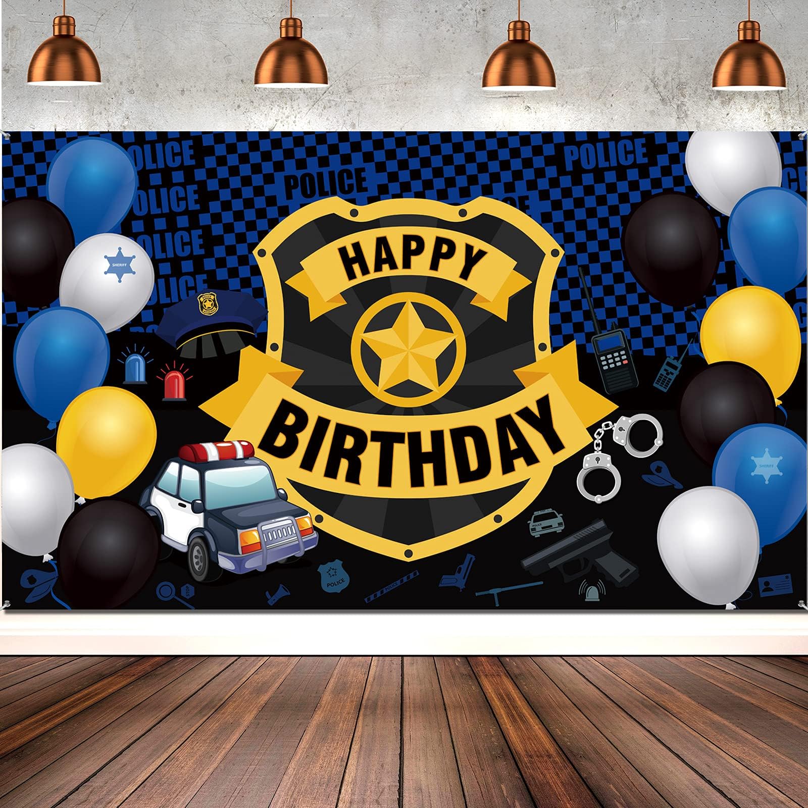 Irenare Police Theme Happy Birthday Party Decorations Police Large Badge Banner Backdrop Wall Large Police Booth Car Background for Police Birthday Party Props Wall Supplies, 72.8 x 43.3 Inch