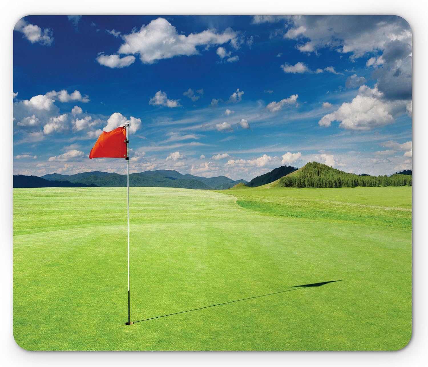 Sports Mouse Pad, Golf Field Flag in The Hole Clouds Sky Summertime Golfing Landscape, Rectangle Non-Slip Rubber Mousepad, Standard Size, Blue Red Lime Green