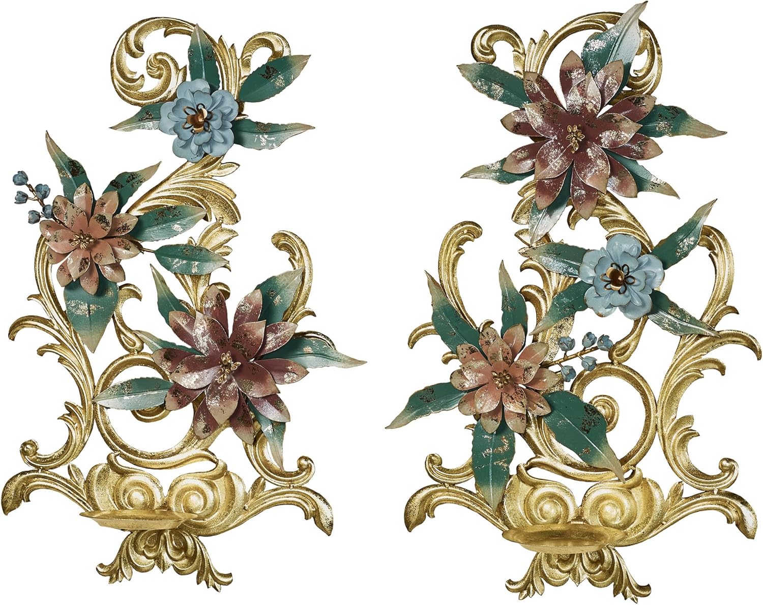 Abylissa Floral Candle Metal Wall Sconce Set of Two | Hand-Finished and Hand-Dyed with Pastel-Hued Alcohol Ink | Shimmering Metallic Gold Leaf | Openwork, Dimensional Flower Wall Candleholder Set of 2