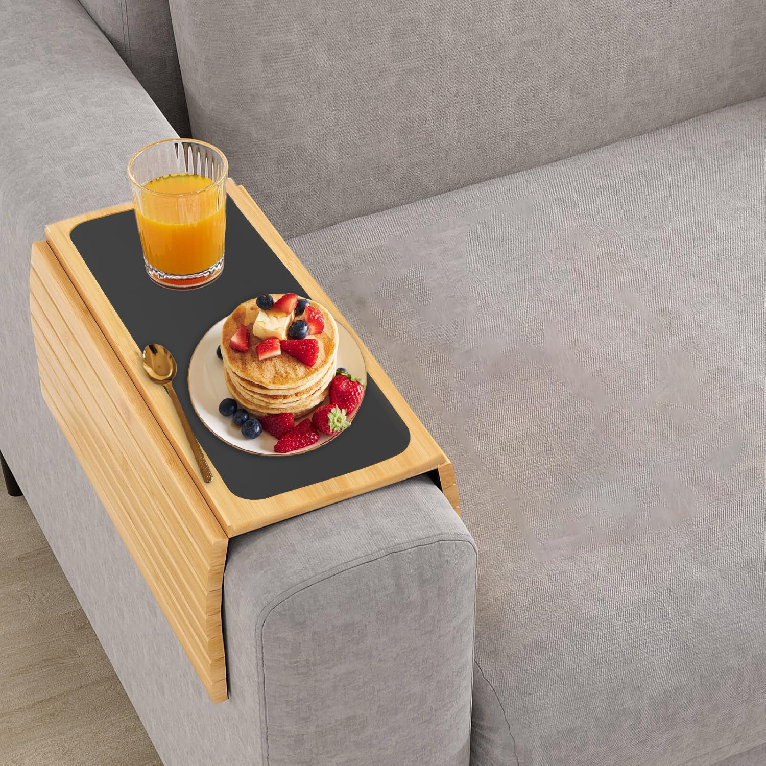 Twilight Garage Black Bamboo Sofa Arm Tray Table - Anti-Slip Foldable Couch Sofa Armrest Tray, Removable Large Couch Cup Holder For Drinks Cup Cellphone Remote Snacks