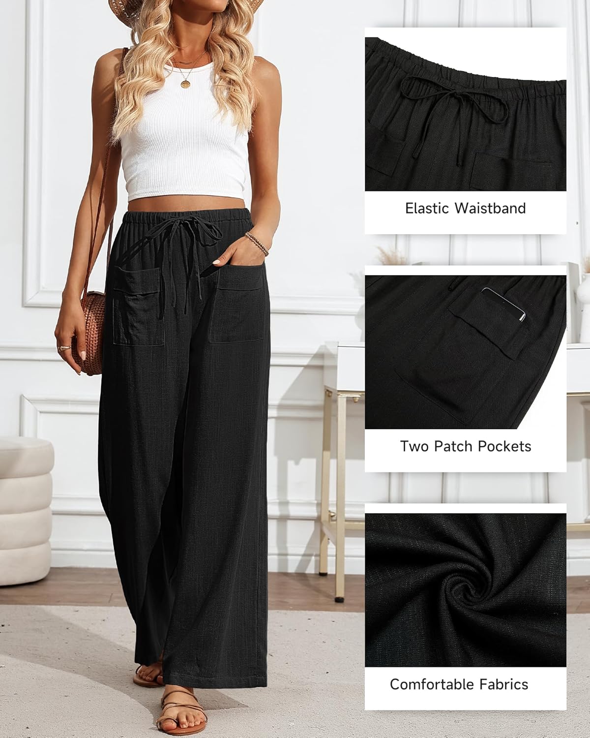 Bsubseach Wide Leg Pants Woman Cotton Linen Palazzo Pants for Women Flowy Beach Summer Casual Trousers with Pockets - Image 5