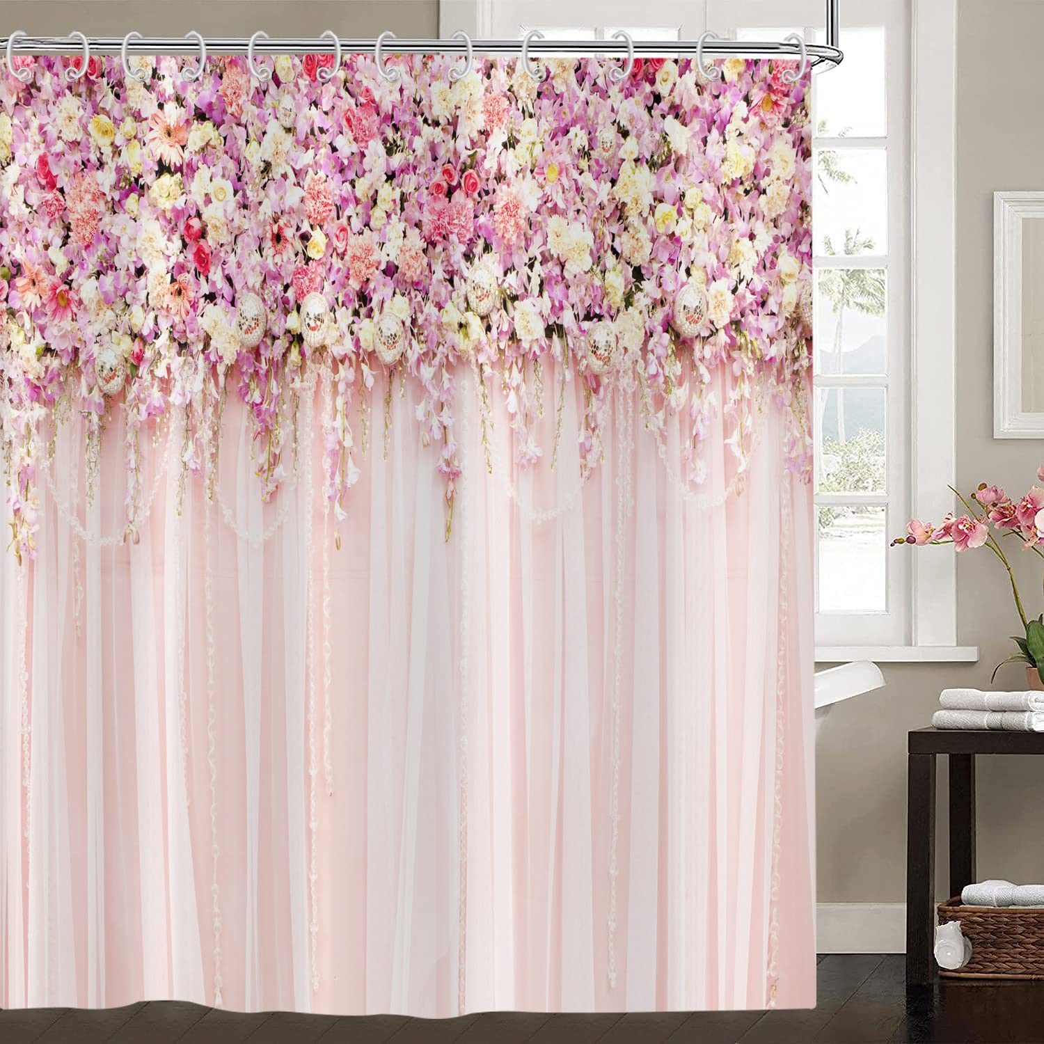 Hnmdmyi Pink Shower Curtain 180x240, Rose Flower Shower Curtains Bridal Floral Wall Vintage Spring Nature Woman Girl Bathroom Curtains Waterproof Polyester Fabric Washable Bath Curtains with Hooks — image 1