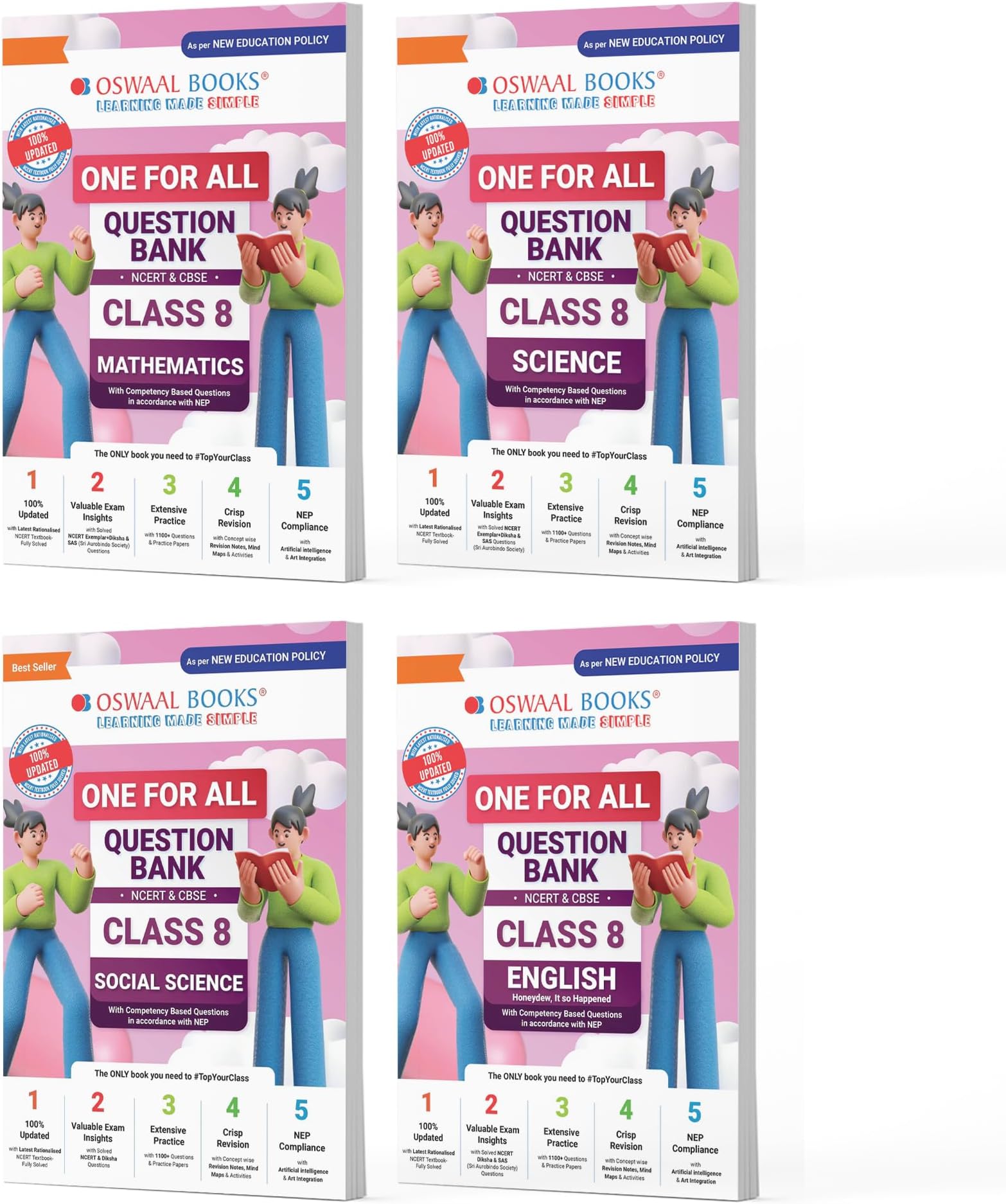Oswaal One For All Question Banks NCERT & CBSE Class 8 (Set of 4 Books) Maths, Science, Social Science, And English (For Latest Exam)