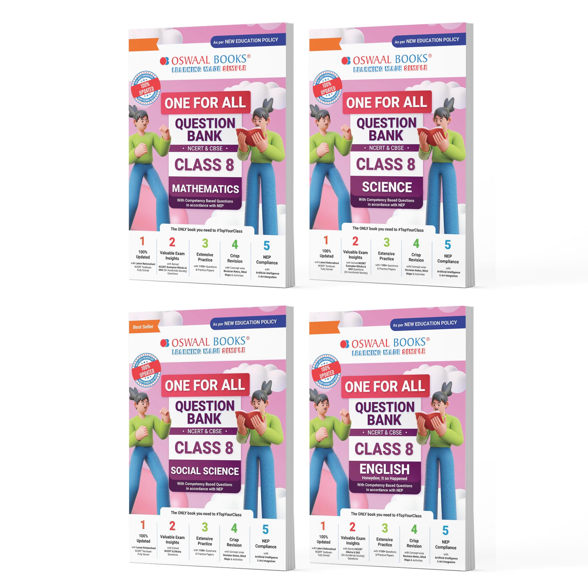 Oswaal One For All Question Banks NCERT & CBSE Class 8 (Set of 4 Books) Maths, Science, Social Science, And English (For Latest Exam) Product Bundle – 4 August 2025