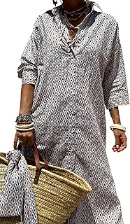 Shirt Dresses for Women Casual Long Sleeve Button Down Loose Striped Cotton Maxi Shirt Dress - Buy now