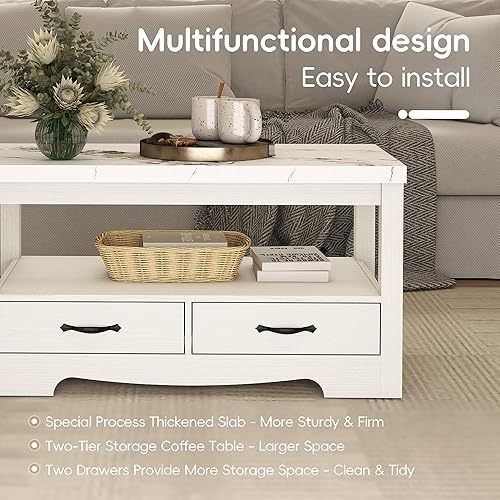 Miniatura 6 de Mesa auxiliar rectangular de madera de 40 pulgadas de mármol sintético de 2 niveles con cajones para sala de estar, sala de conferencias, parte