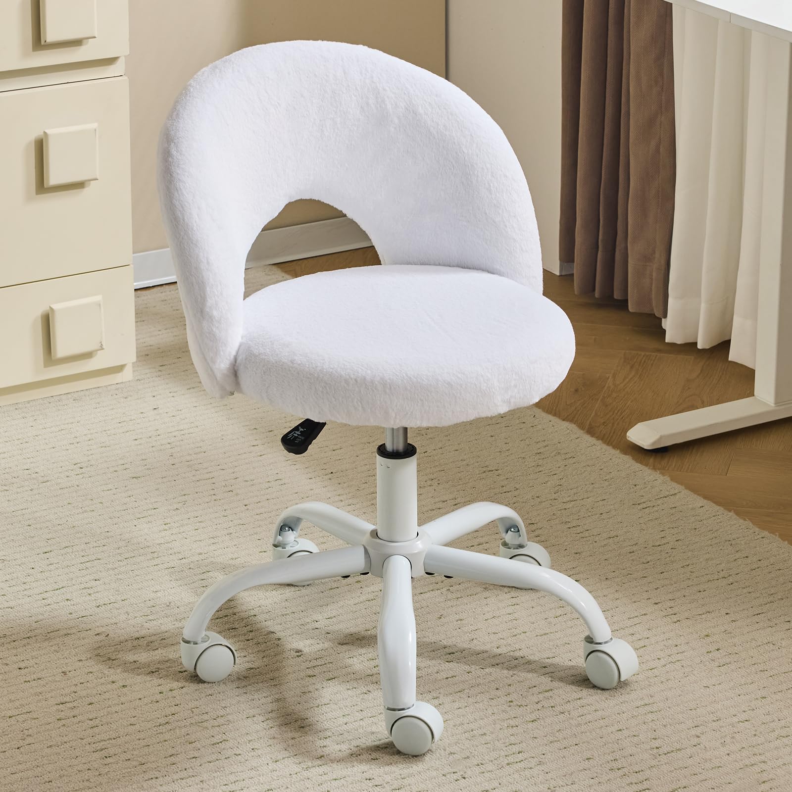 Bonnlo Silla de Maquillaje, Silla de Escritorio sin Brazos Ajustable en Altura con Ruedas Silenciosas, Asiento Acolchado y Ergonómico de Oficina Giratoria,para Despacho y Oficina de casa, Blanco