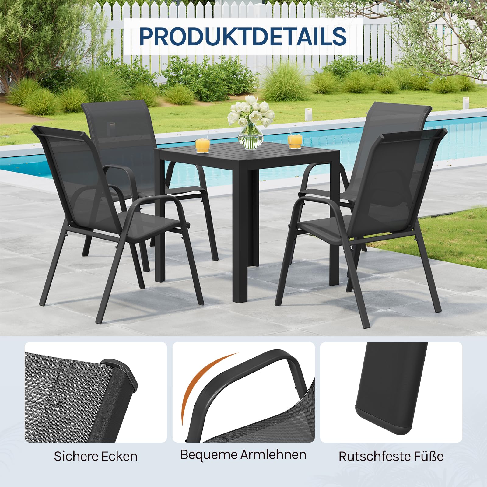 WOLTU Gartensessel 4 er Set Stapelstühle Garten Stapelbare Gartenstühle Wetterfeste Sitzgruppe Outdoor Ergonomisch Terrassenmöbel für Balkon Terrasse, Dunkelgrau