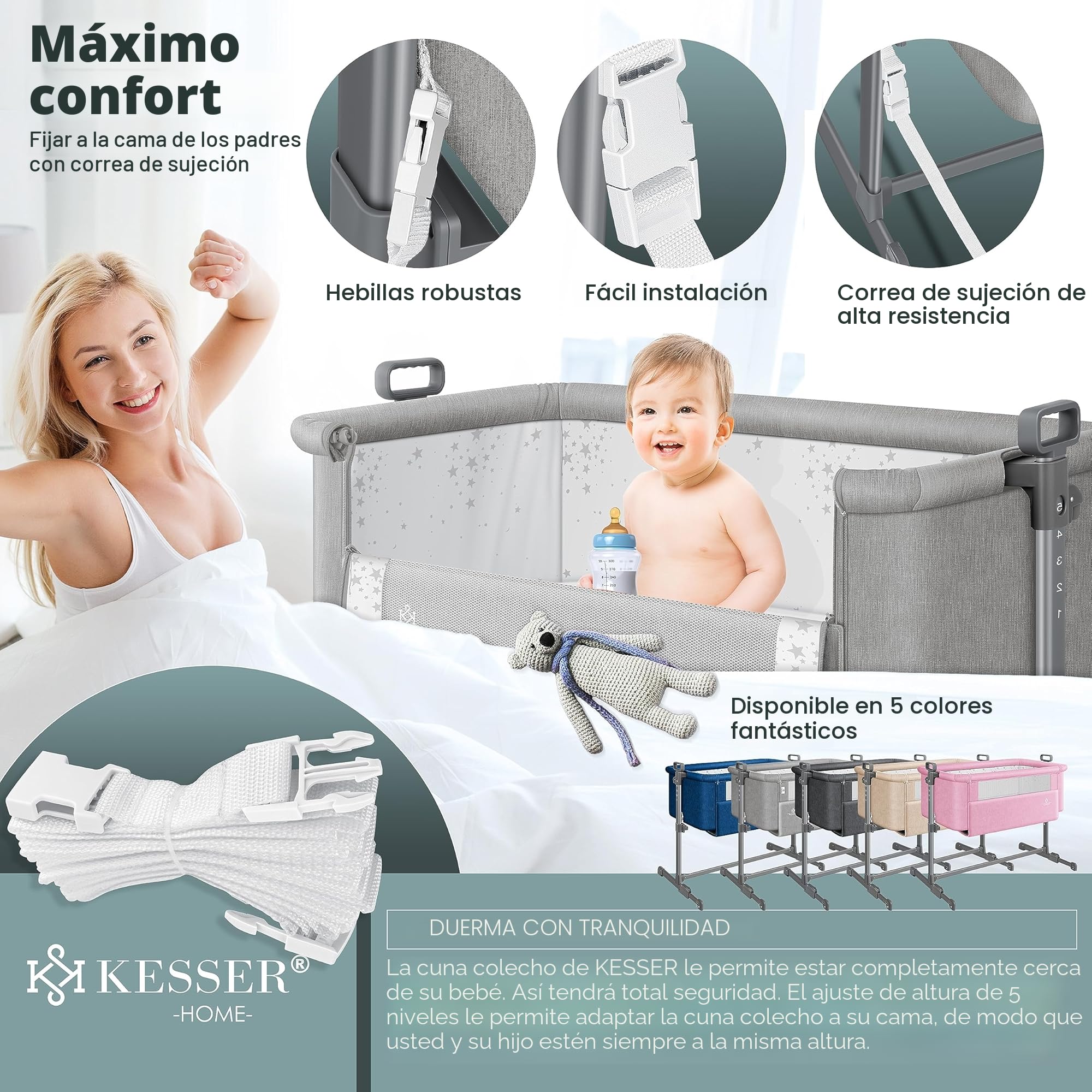 KESSER® Cama supletoria Hubi 3en1, colecho para bebé con colchón Blando, Cuna - con Ruedas, Ajuste de Altura en 5 Posiciones, Panel Lateral Plegable, para en casa y de Viaje, Gris Claro