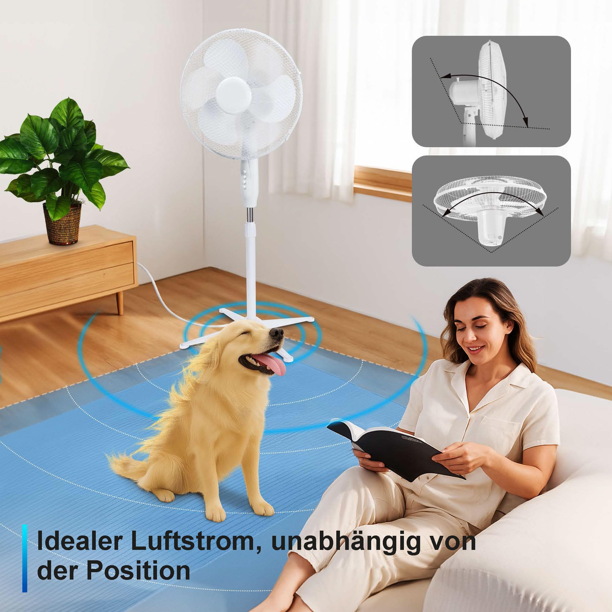 EXTRALINK Standventilator 40 cm – Leiser Bodenventilator 3 Geschwindigkeiten, Oszillation, Neigungsverstellung & 3 Rotorblättern – Kompakter Ventilator für Schlafzimmer, Büro & Zuhause – 45W Weiß