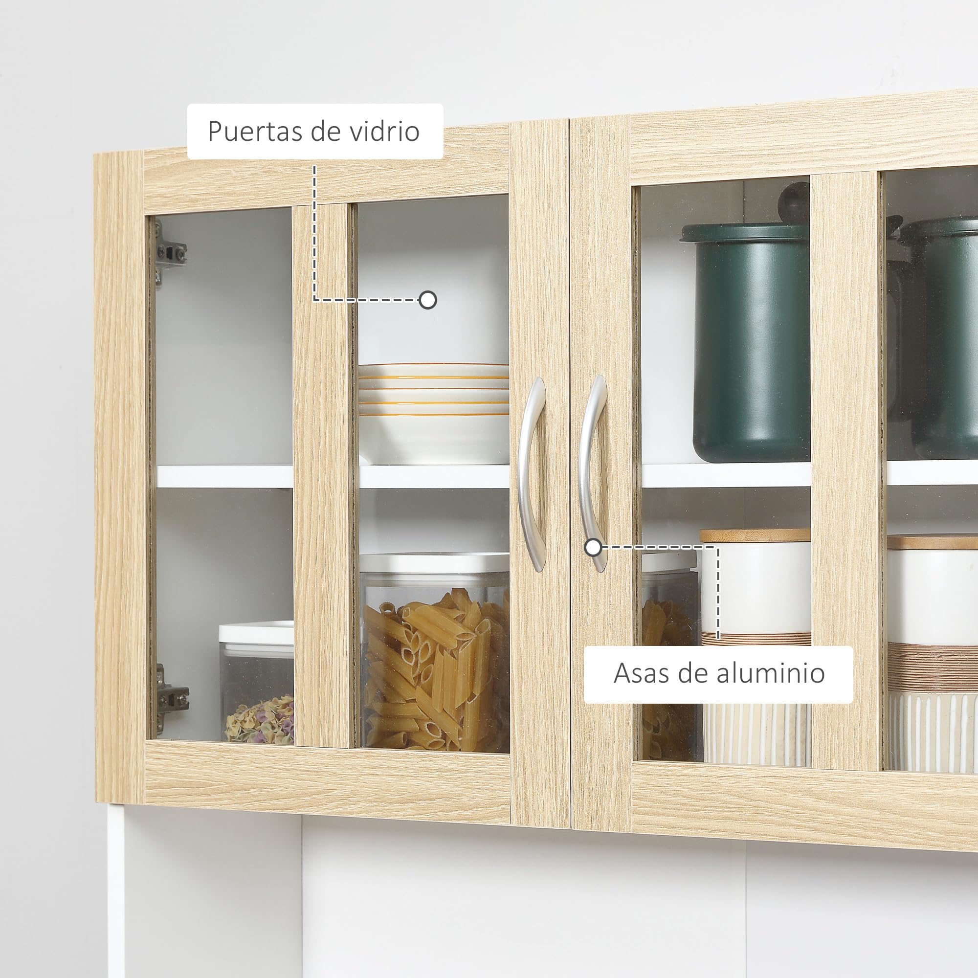 HOMCOM Alacena de Cocina Alta, Mueble Auxiliar de Cocina, con 4 Puertas de Vidrio, Encimera Abierta para Microondas, Cajón, Estantes Ajustables, 80x40x180 cm, Blanco y Natural