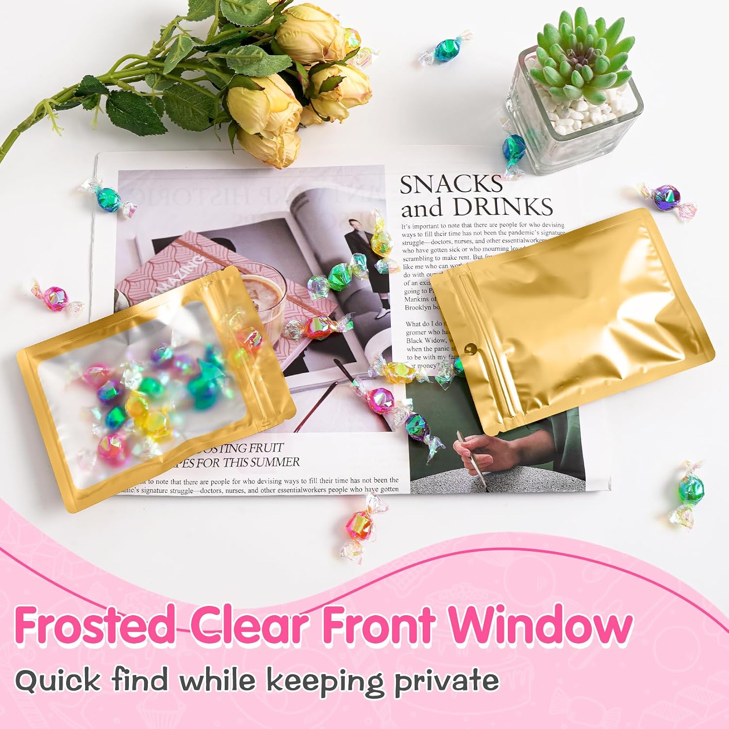 FUNFERY 100 Pack Mylar Resealable Bags, Gold Foil Packaging Bags image 4