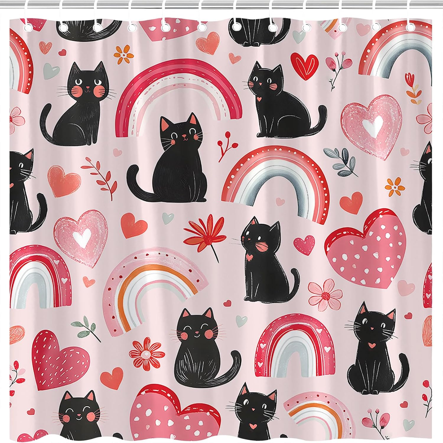 Boho Black Cat Shower Curtain Pink Cartoon Abstract Animal