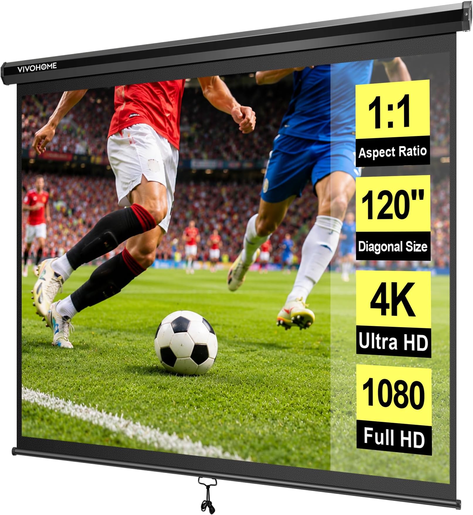 VIVOHOME 120 Inch 1:1 Pull Down Projector Screen, HD 4K Retractable Movie Screen for Indoor Home Theater and Office, Manual Projection Screen with Auto Locking (84Wx84H Inch Display Area), Black