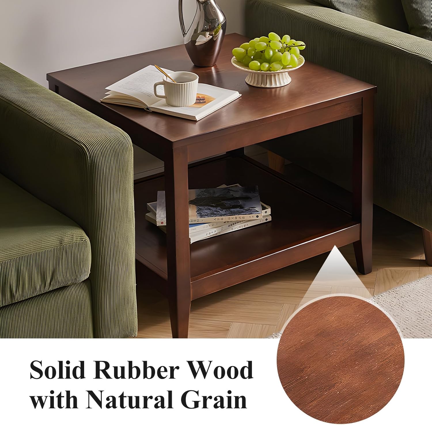 Side Table, Solid Wood Square End Table with Storage Shelf, 2-Tier Coffee Table for Living Room, Rubber Wood Small Sofa Table, Nightstand 23.62 H x 23.62 W x 23.62 D Inches (Walnut)