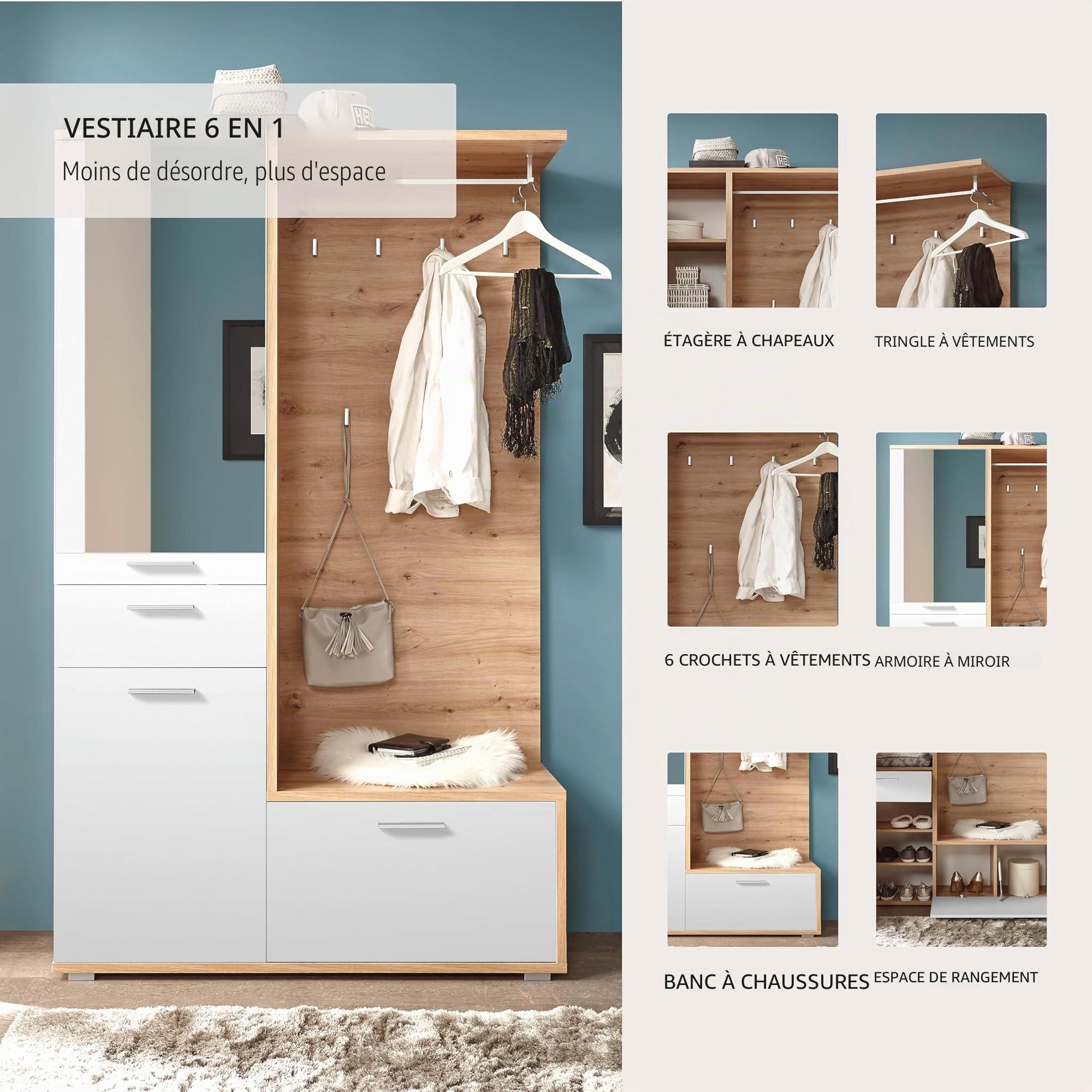 Stella Trading Entra Ensemble de vestiaire d'entrée en Aspect chêne Artisan, Blanc - Vestiaire Compact stylé avec Miroir pour Votre entrée - 117 x 198 x 38 cm (L/H/P)