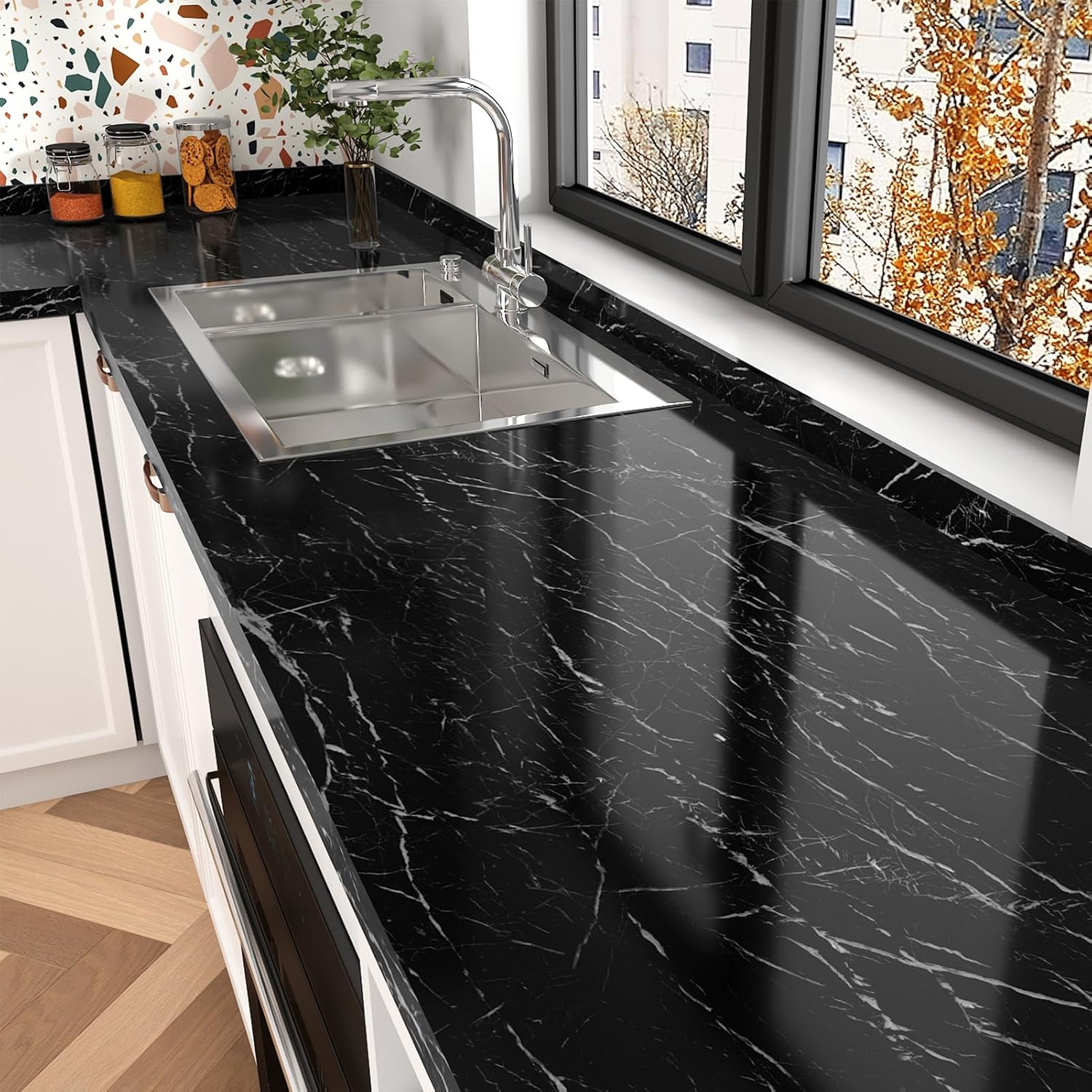 Wallercity Black Marble Peel and Stick Wallpaper for Kitchen Glossy Marble Contact Paper for Countertops Self Adhesive Waterproof Vinyl Film for Furniture Countertop Cabinets Desk Dresser 24''x315''