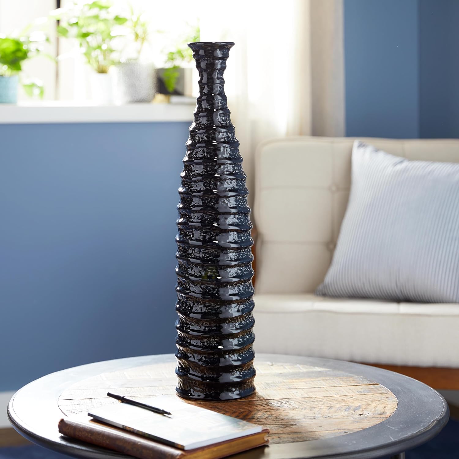 Deco 79 Ceramic Decorative Vase Centerpiece Vase with Ripple Texture, Flower Vase for Home Decoration 6" x 6" x 24", Black - Image 3