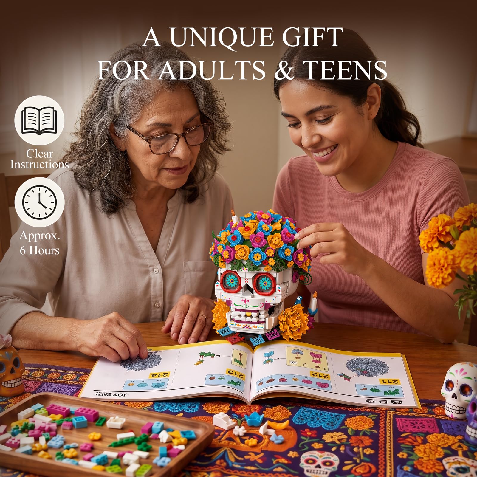 JMBricklayer Calavera Zuckerschädel Totenkopf Klemmbausteine mit LED 40008 | 986PCS Calavera Día de los Muertos Blumen Deko Bausatz mit LED Augen, 3 Kerzen & Gedenkaltar. Für Erwachsene ab 14