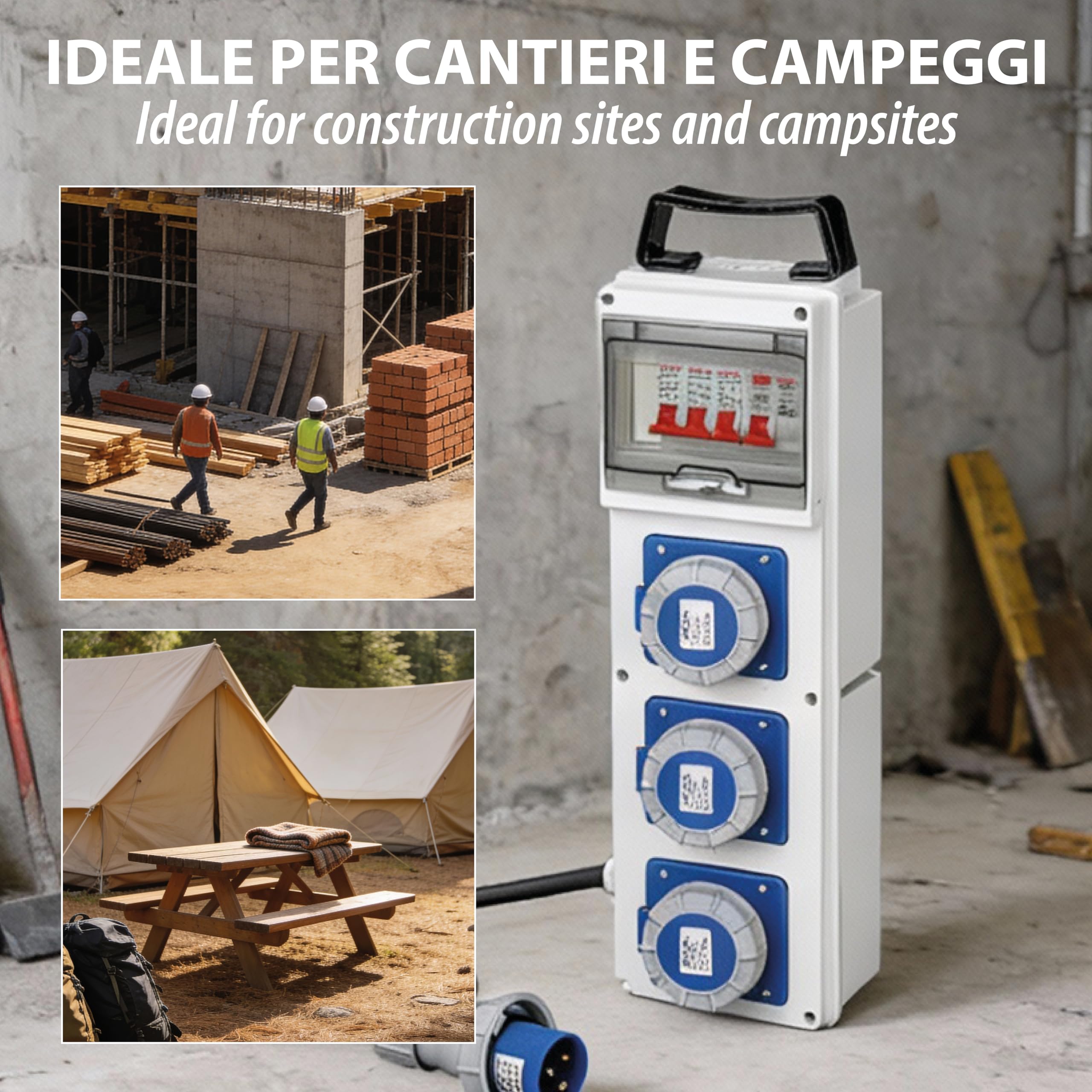 Quadro Elettrico di Distribuzione 3 Prese Industriali CEE, Spina CEE, Cavo 2M H07RN-F 3G2.5, Impermeabile IP65, interruttore differenziale 30ma + interruttore di sicurezza. Ideale per cantieri, camper