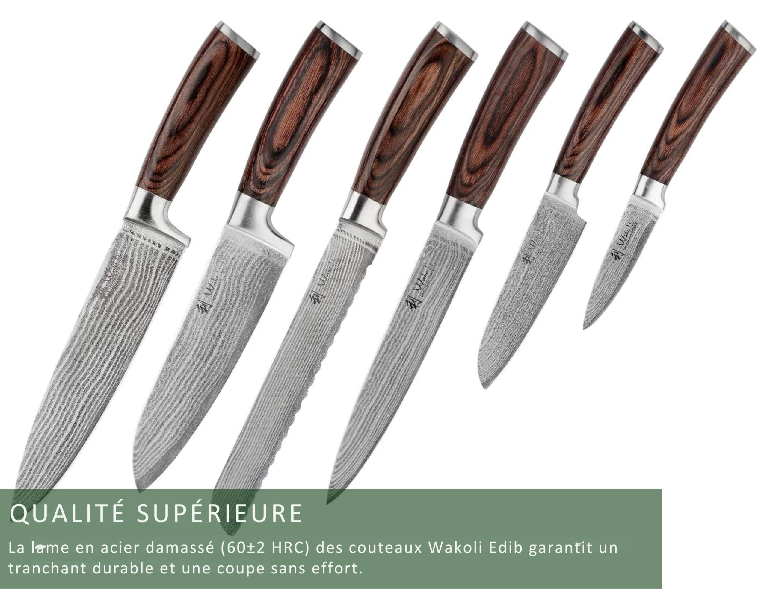 WAKOLI EDIB Set of 6 Professional Damascus Steel Kitchen Knives | With 67-layer blades, VG10 core, Pakkawood handles, left and right handed users, elegant gift box