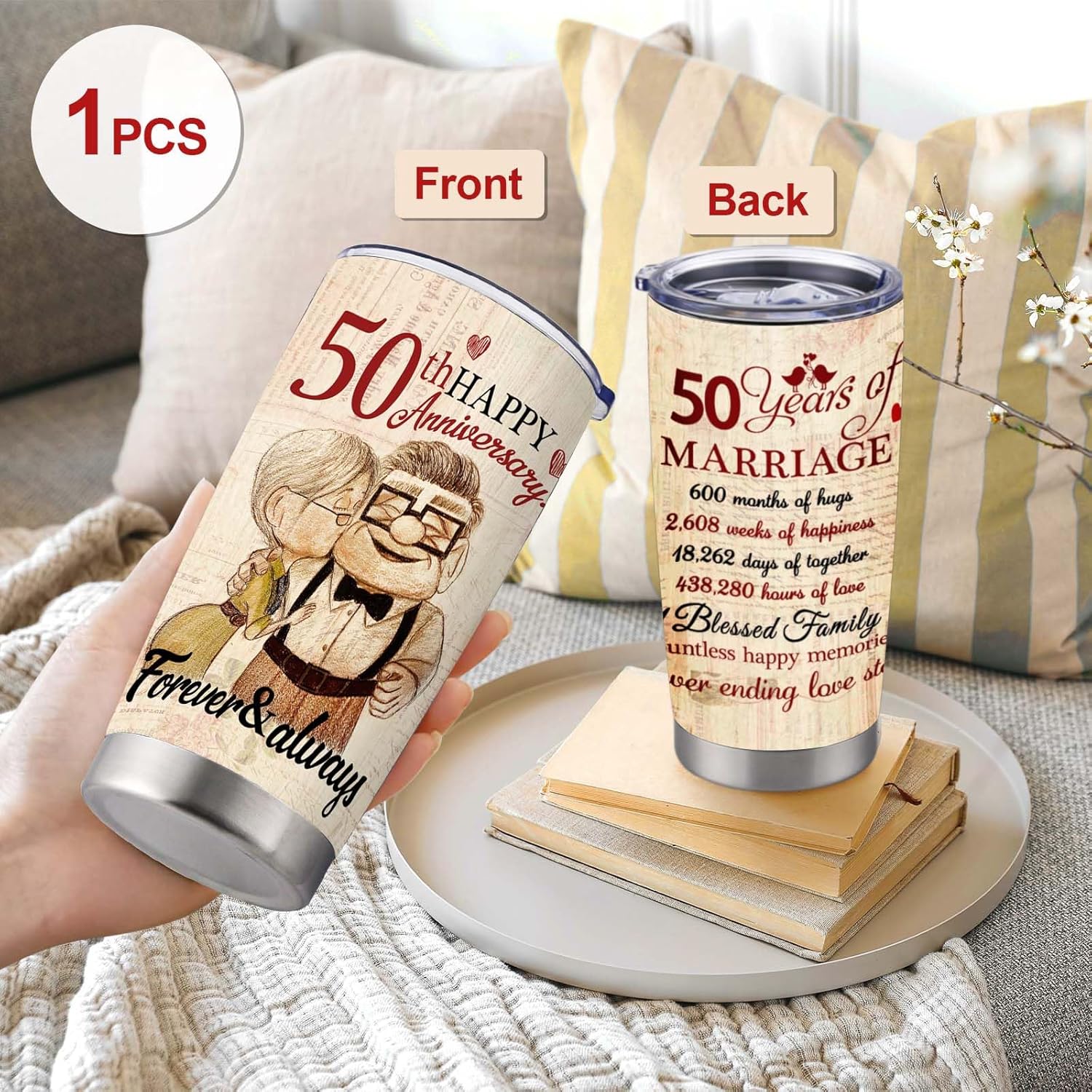 50th Anniversary Tumbler Gifts, 50th Anniversary Wedding Gifts for Couple Parents Friends, 50 years Golden Anniversary Tumbler Gifts for Him or Her, 20oz Insulated Cup Present(1 PC) - Image 2
