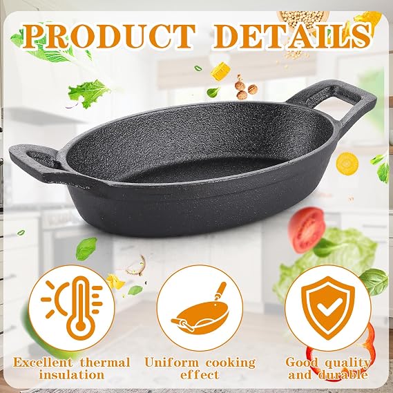 6 Pack Mini Cast Iron Skillets, 15.5cm Small Oval Cast Iron Serving Plates, Round Ironed Serving Plates with Handles, Gratin Casserole Cookware for Cooking, Baking and Table Serving