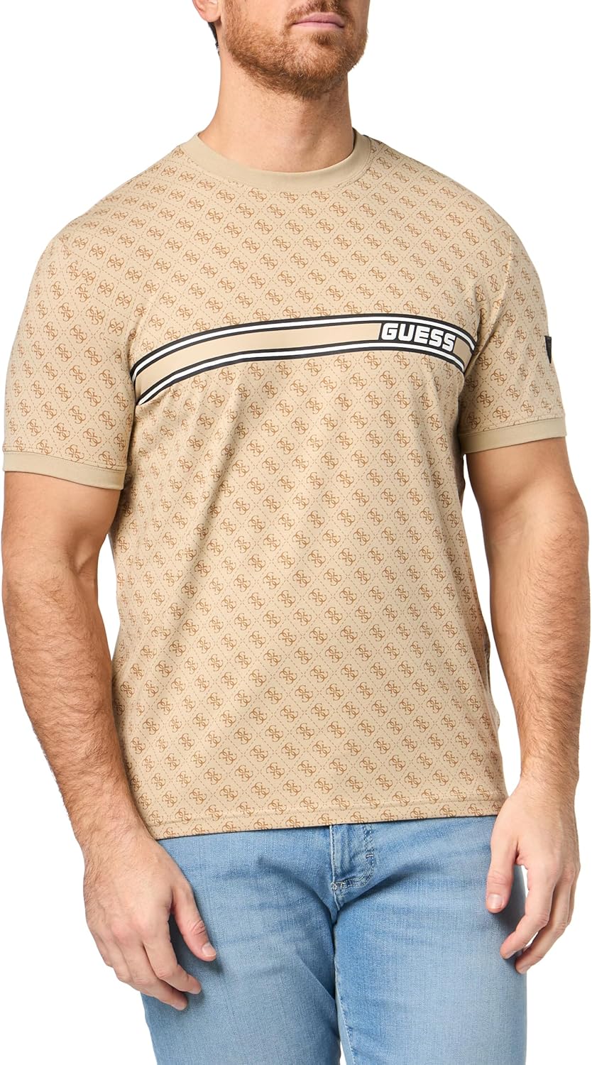 GUESS Men's Eco Jamey T-Shirt, 4G AOP Beige and Beige Print