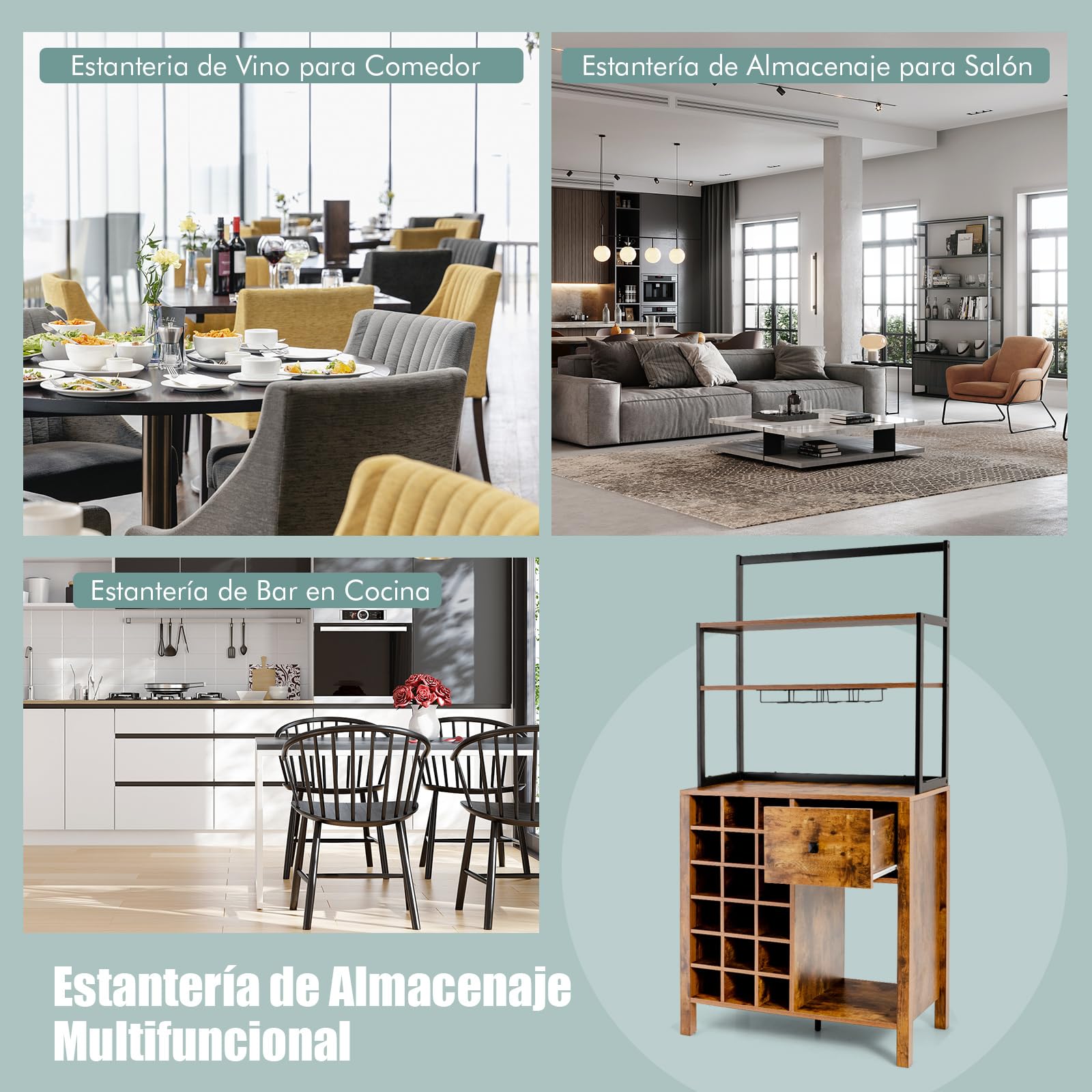 COSTWAY Estantería para Vinos de 4 Niveles, Estante Industrial para Vinos con Botellero para 18 Botellas, Cajón, Soporte para Copa de Vino, Soporte para Microondas para Cocina, Comedor, 78x40x160 cm