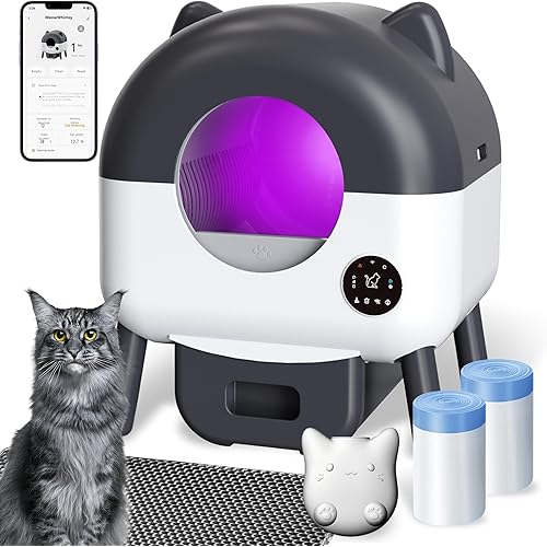 Automatic Self Cleaning Litter Box, MeowWhimsy Extra Large Automatic Cat Litter Box Self Cleaning Robot S7 for Cats, Smart Safety Sensors-App Control-Low Noise, Washable Tray,40 pcs Trash Bag