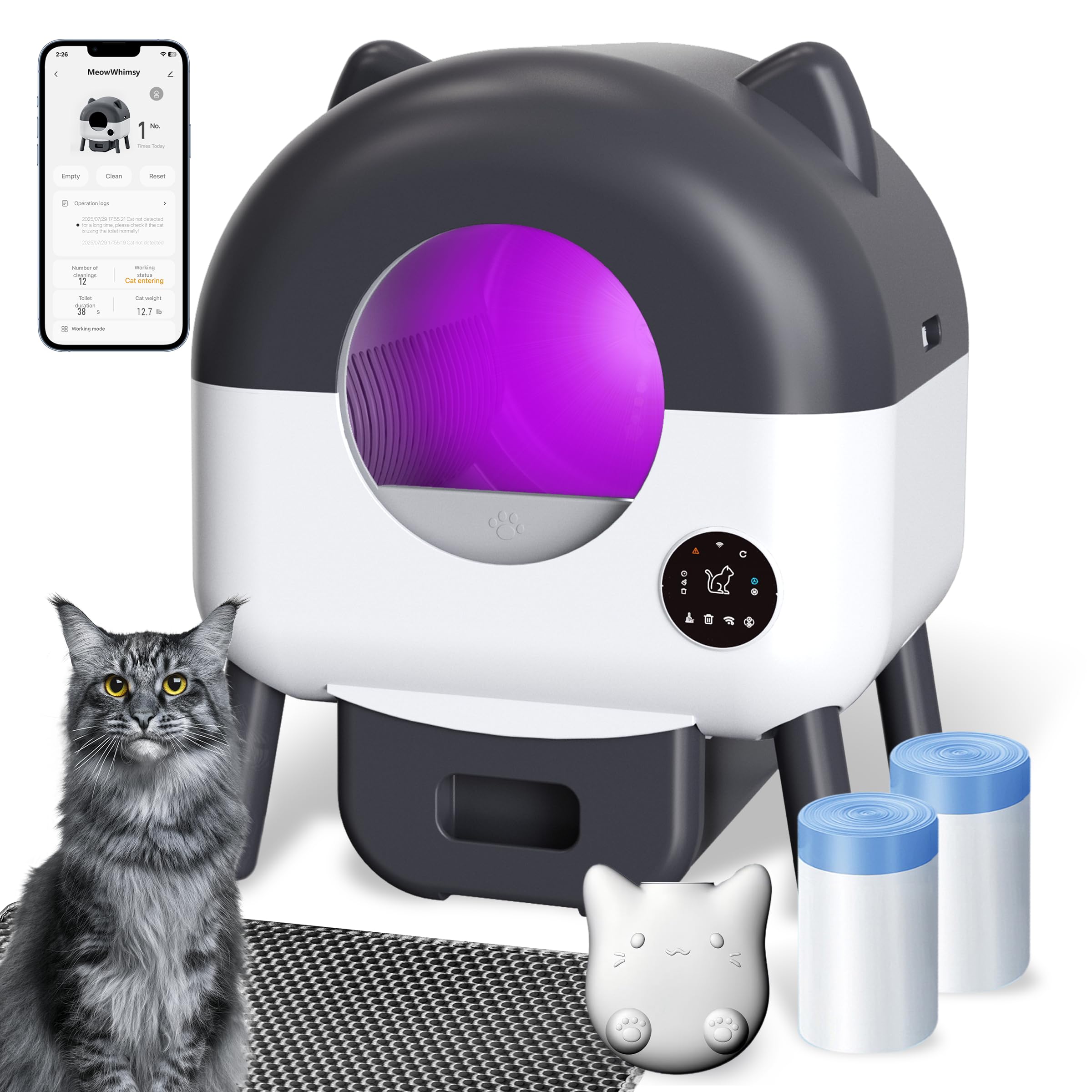 Automatic Self Cleaning Litter Box, MeowWhimsy Extra Large Automatic Cat Litter Box Self Cleaning Robot S7 for Cats, Smart Safety Sensors-App
