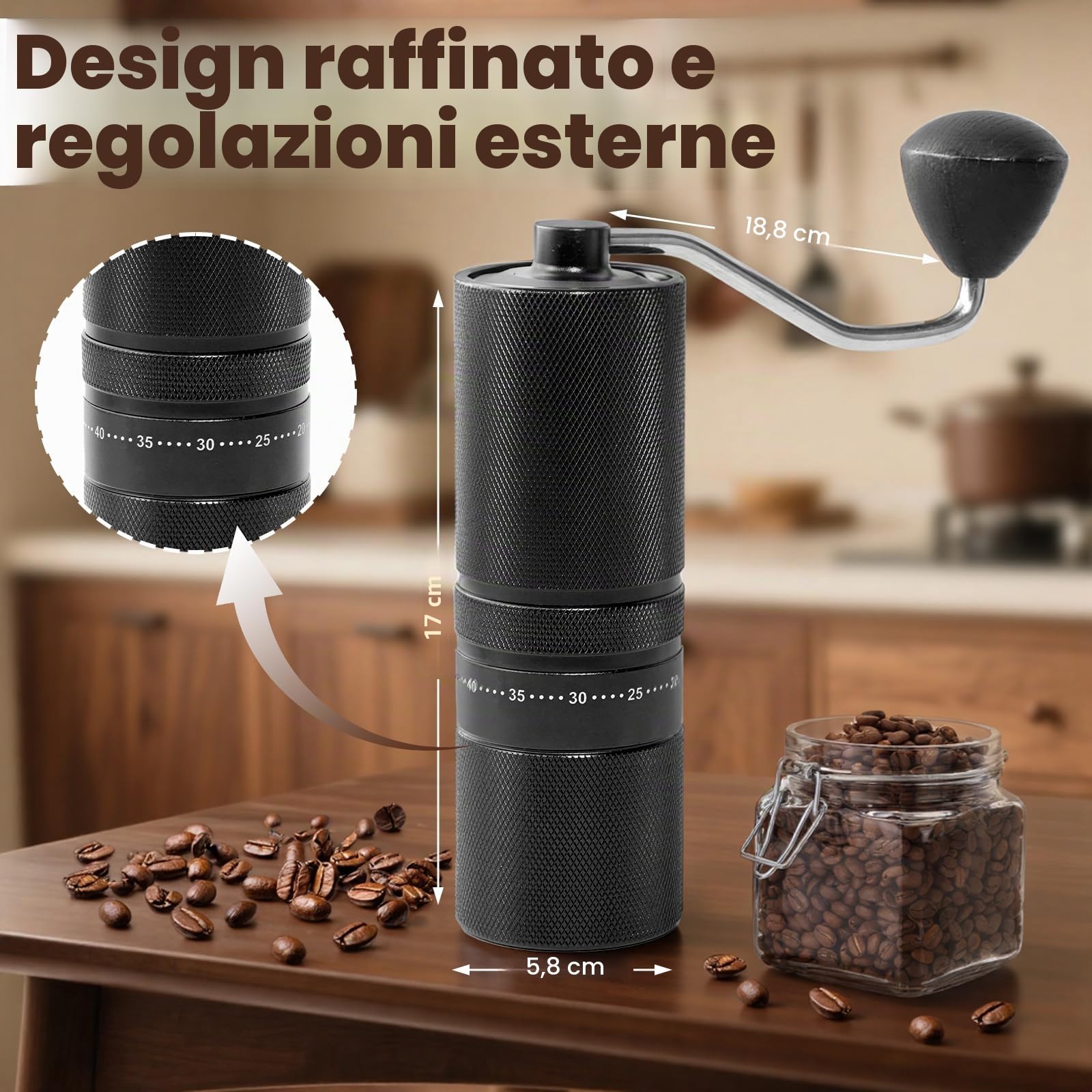 Macinacaffè manuale con 60 impostazioni regolabili, macinacaffè portatile a mano con capacità di 28g, macinacaffè manuale in acciaio inox con macine coniche per caffè in polvere per pressa francese