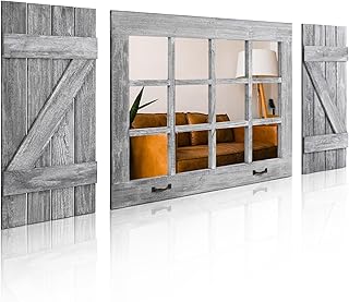 Farmhouse Window Wooden Mirror with Shutters – Rustic Grey Barn-Style Wa...