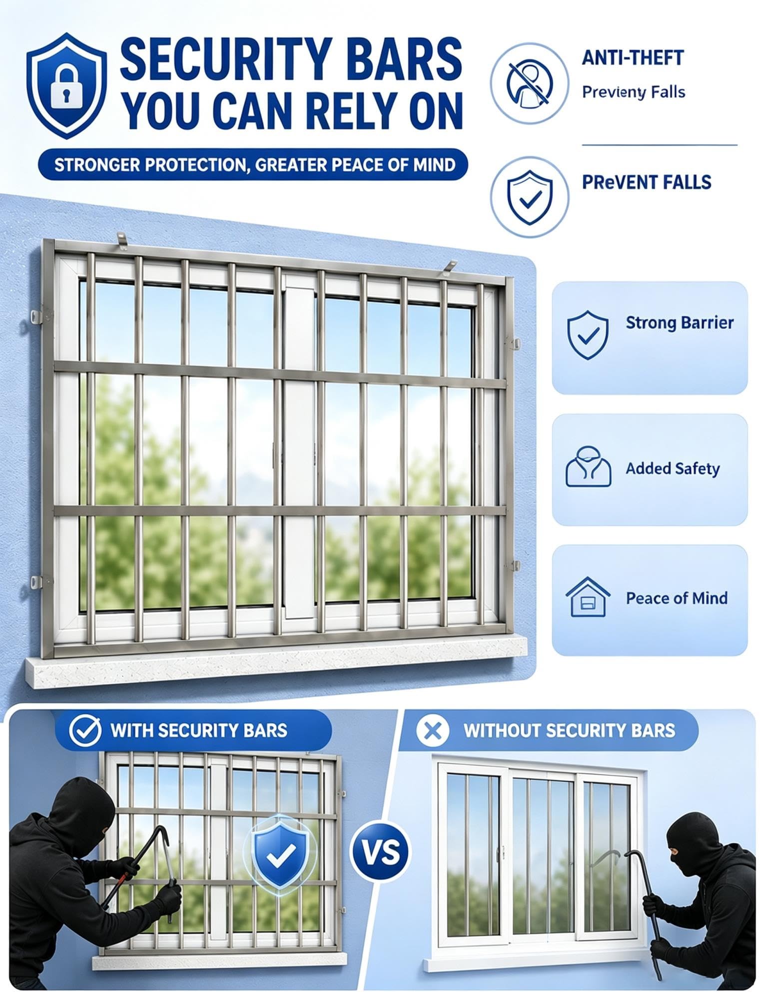 Barre sécurité fenêtre inox 201, grille anti-vol pour fenêtres et balcons