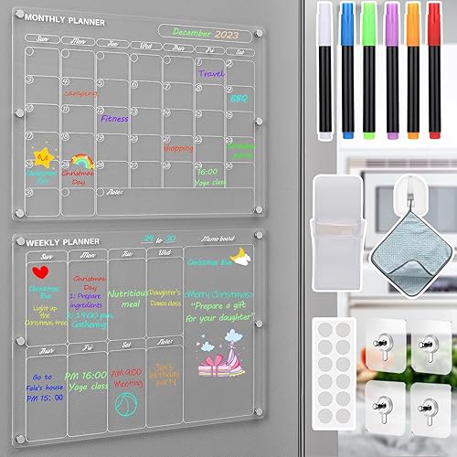Calendario acrílico magnético para nevera, 2 unidades, calendario acrílico transparente, tablas de planificación reutilizables de borrado en seco,