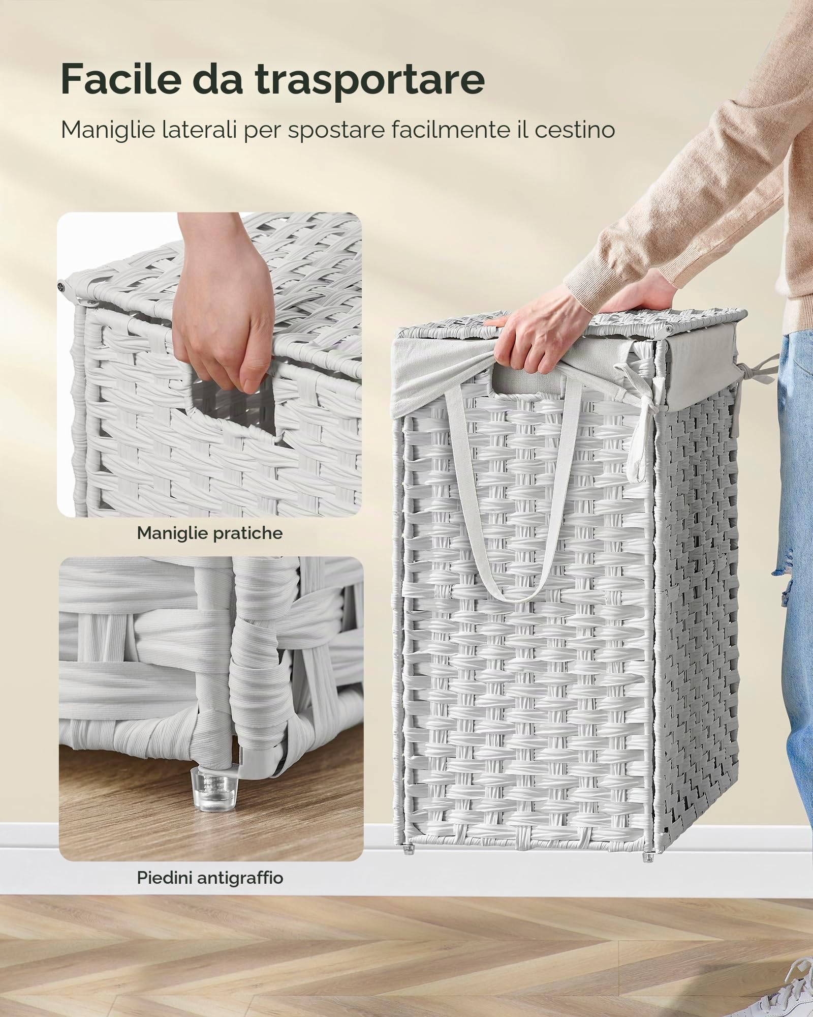 SONGMICS Cesto portabiancheria intrecciato a mano, in rattan sintetico, con coperchio e manici, pieghevole, rimovibile, colore bianco, ULCB51WT