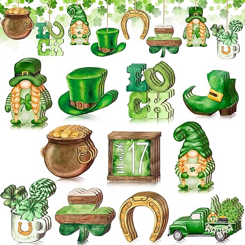 Spiareal 36 piezas Adornos de día de San Patricio en madera, adorno colgante de trébol verde, gnomo verde, camión, recorte de madera, decoración