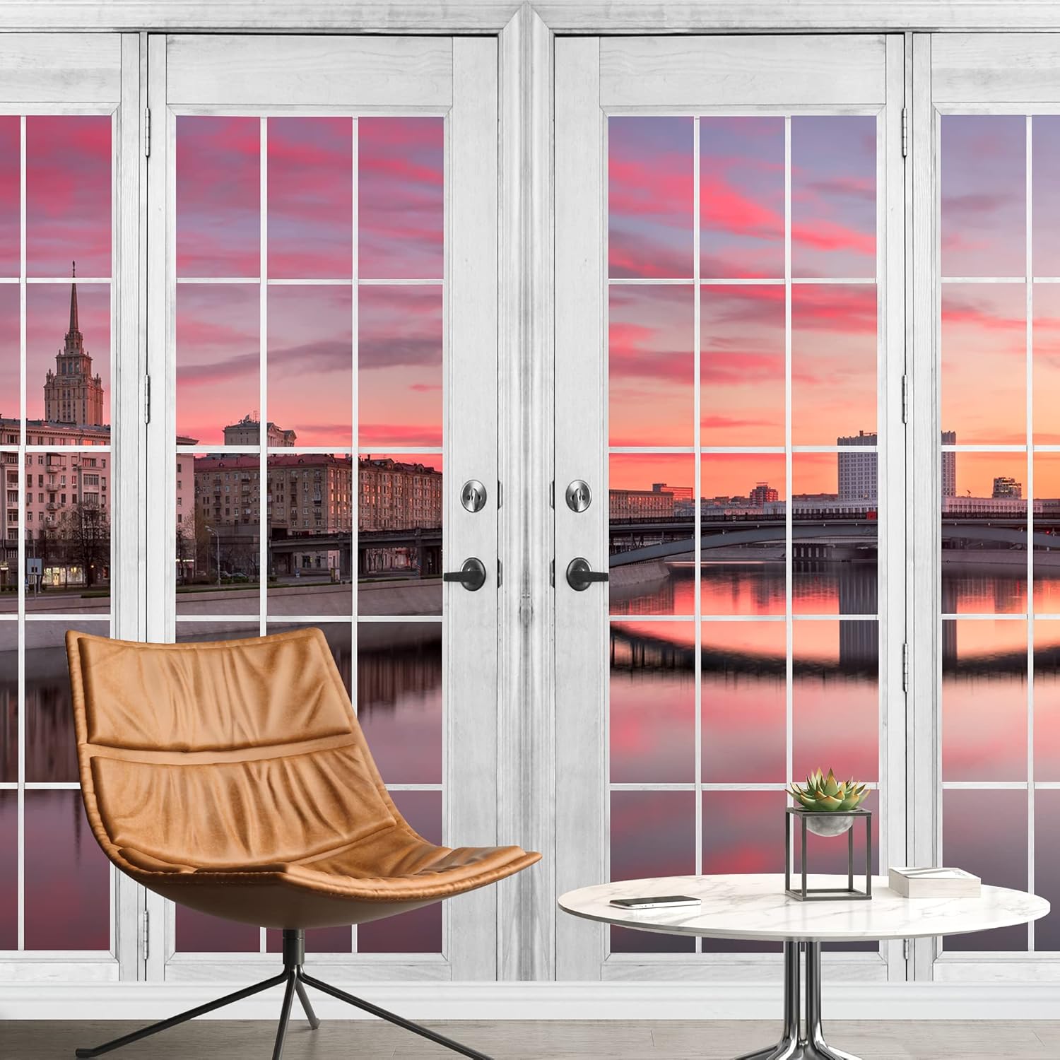 SIGNFORD Removable Wall Sticker/Wall Mural Pink Cloud Pastel Sunset Sky City Lake Nature Cityscape Photography Realism Rustic Landscape Panorama for Living Room, Bedroom, Office - 100x144 inches