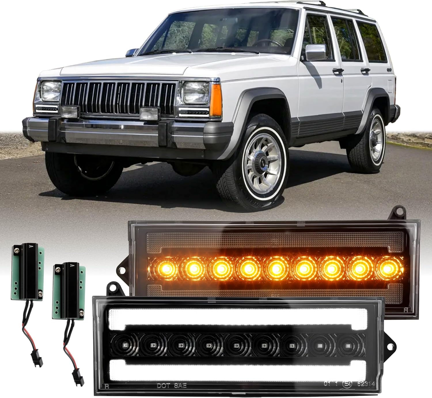 USR 84-96 XJ SUV Turn Signal Light – Front Signal Lamps (Left + Right) Pair - Compatible with 1984-1996 Jeep Cherokee / 1986-1992 Comanche All Models (BLACK HOUSING w/LED AMBER-WHITE DRL SWITCHBACK)