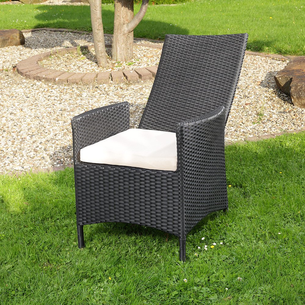 Melko Fotel relaksacyjny z polirattanu fotel ogrodowy, ok. 62 x 57 x 111 cm, regulowany, odporny na warunki atmosferyczne, w zestawie poduszka do siedzenia, czarny