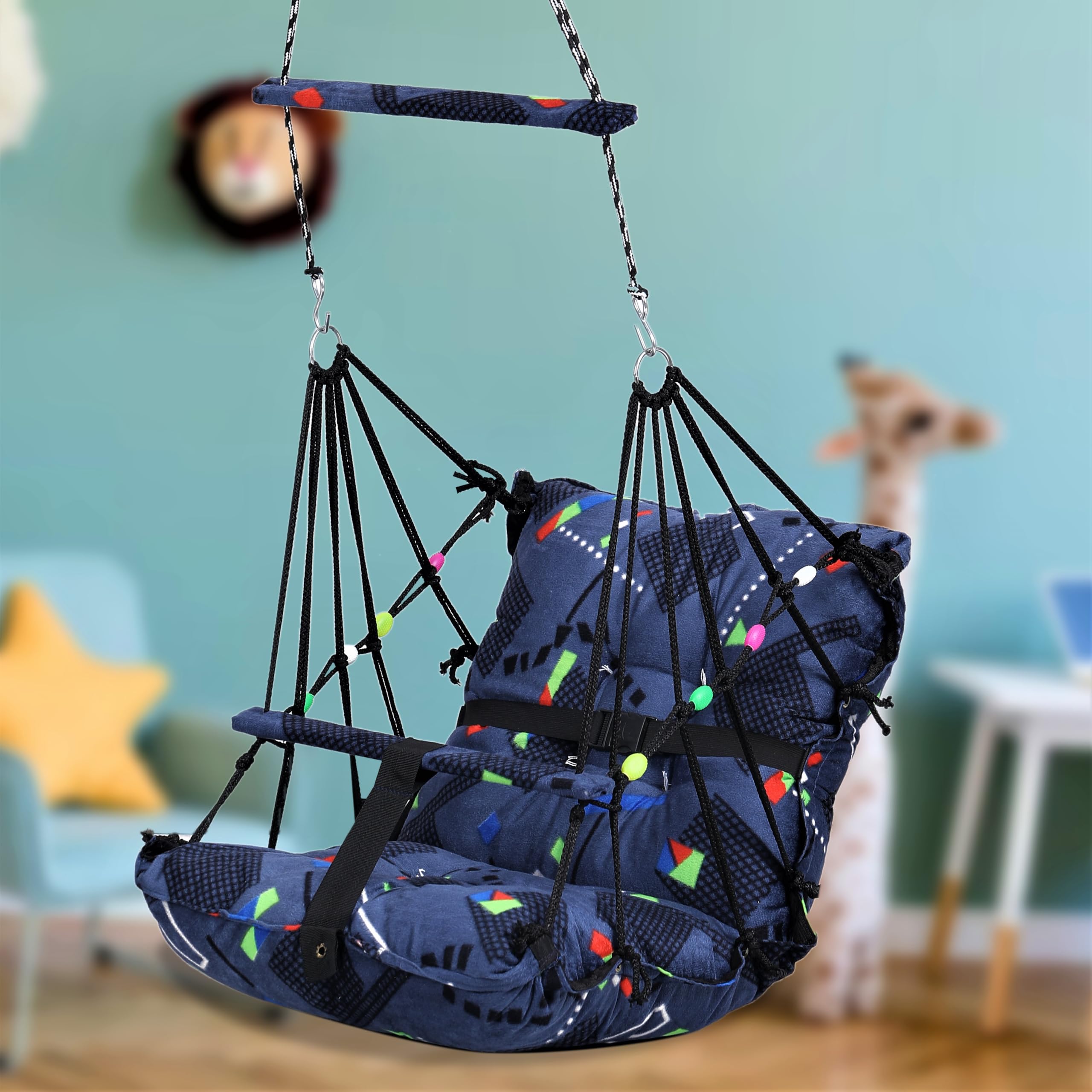 Sprointal® Swing for Kids Swing Cotton Baby Children Folding And Washable 1 to 5 Years New Born Baby Gift Jhula With Safety Belt Easy To Carry Safety Lock Cradle Chair |Home Garden Hall(Grey Triangle)