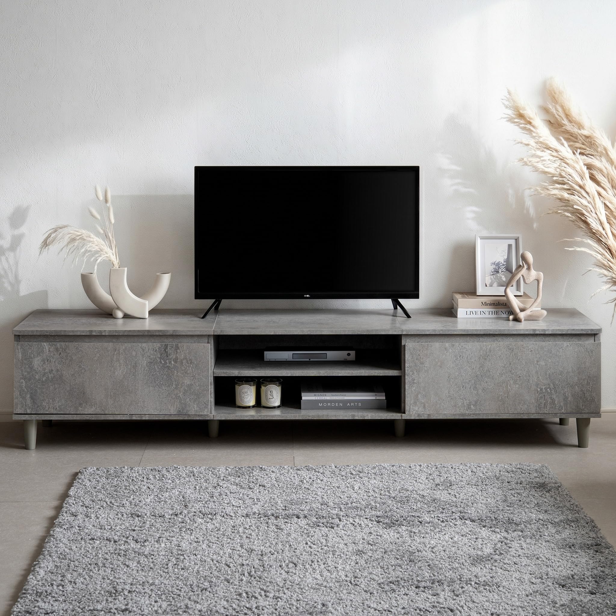 Amazon｜テレビ台 ローボード 脚付き モルタル調 収納付き コード穴