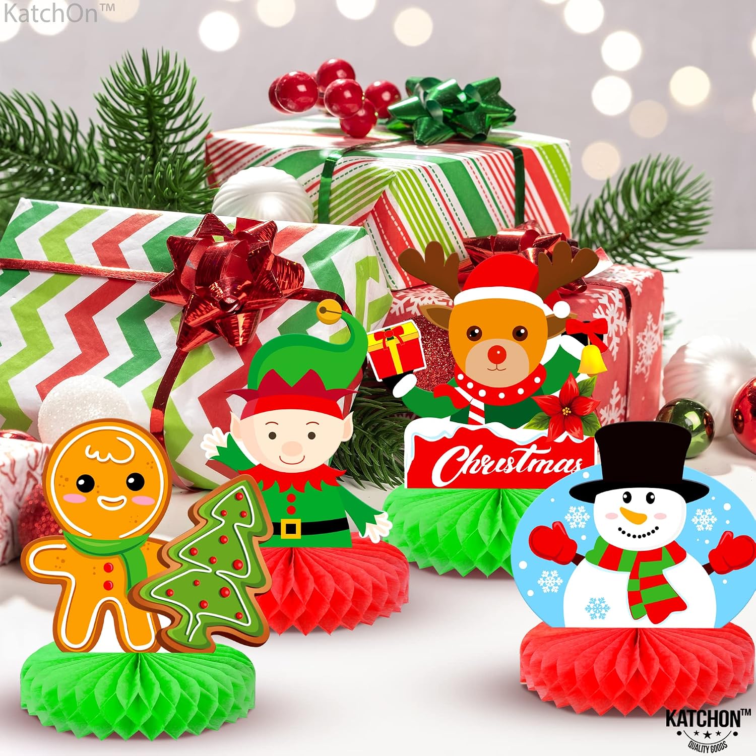 KatchOn Christmas Honeycomb Centerpieces - Pack of 8 | Red and Green Table Decorations, Merry Christmas Centerpieces