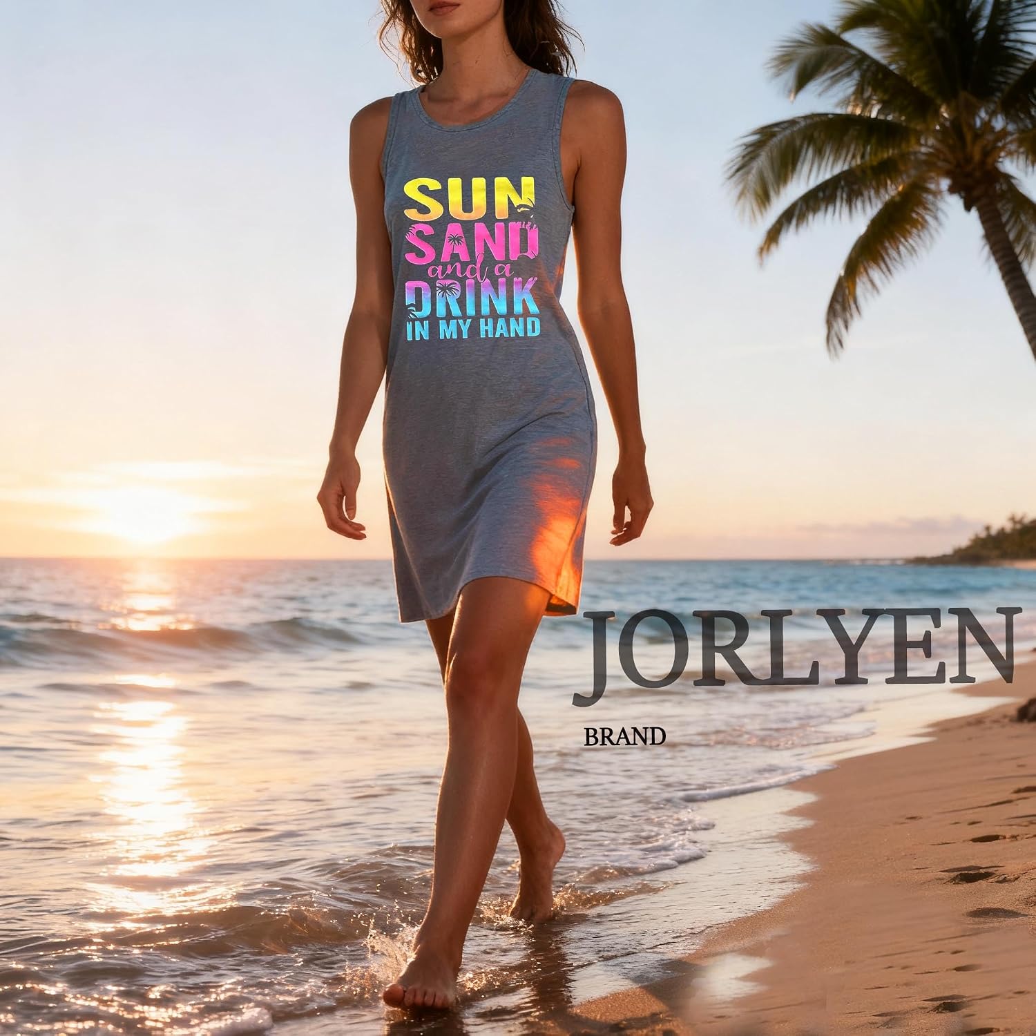 Summer Tank Dress for Women Casual Vacation Sundress Coconut Tree Graphic Beach Cover Up