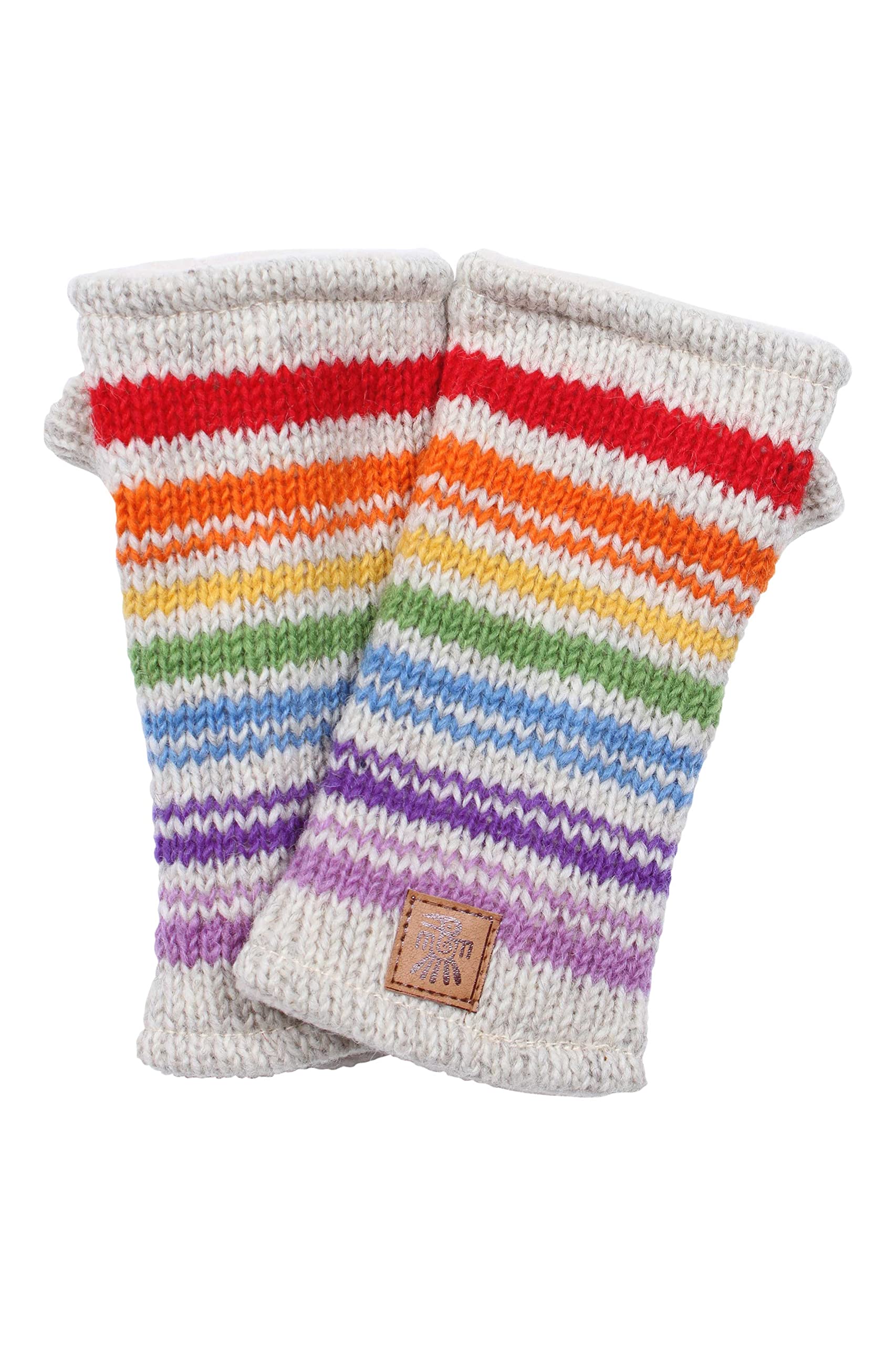 Pachamama Women Wool Hand Wrist Warmers Fleece Lined Handknitted Stripes Oatmeal Multicoloured One-Size Handmade Thumbhole Thermal Extra Warm Fair Trade