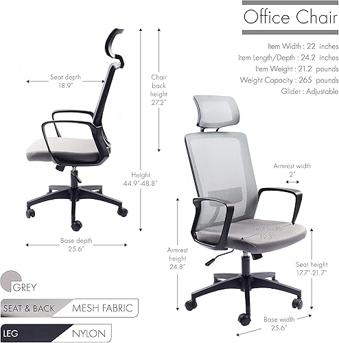 Miniatura 6 de Porthos Home Noe - Silla de oficina con reposacabezas, respaldo alto de malla, soporte lumbar, asiento ajustable en altura, mecanismo de inclinación