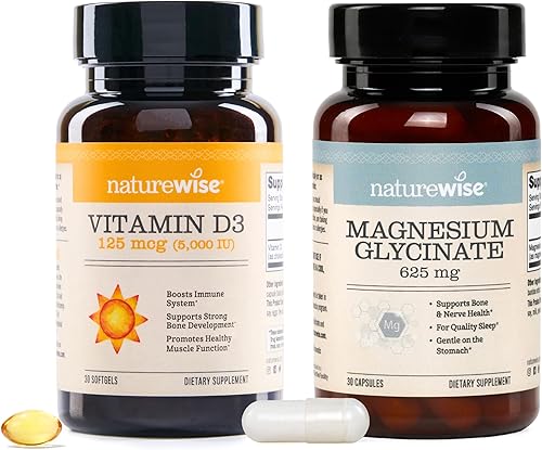 Paquete de vitamina D3 NatureWise 5000iu (125 mcg) Suministro para 30 días - Sin OMG, sin gluten + glicinato de magnesio NatureWise - 625 mg - Igual