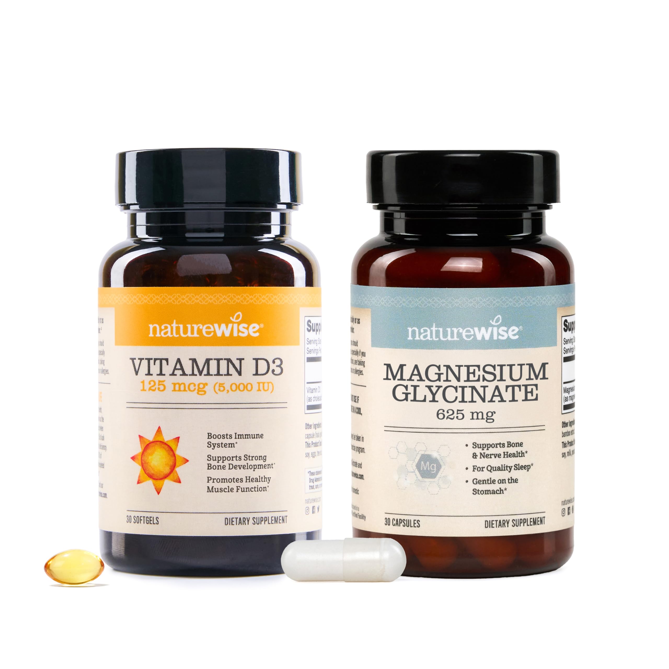 Bundle of NatureWise Vitamin D3 5000iu (125 mcg) 30-Day Supply - Non-GMO, Gluten Free + NatureWise Magnesium Glycinate - 625 mg - Equal to 125 mg Elemental Magn