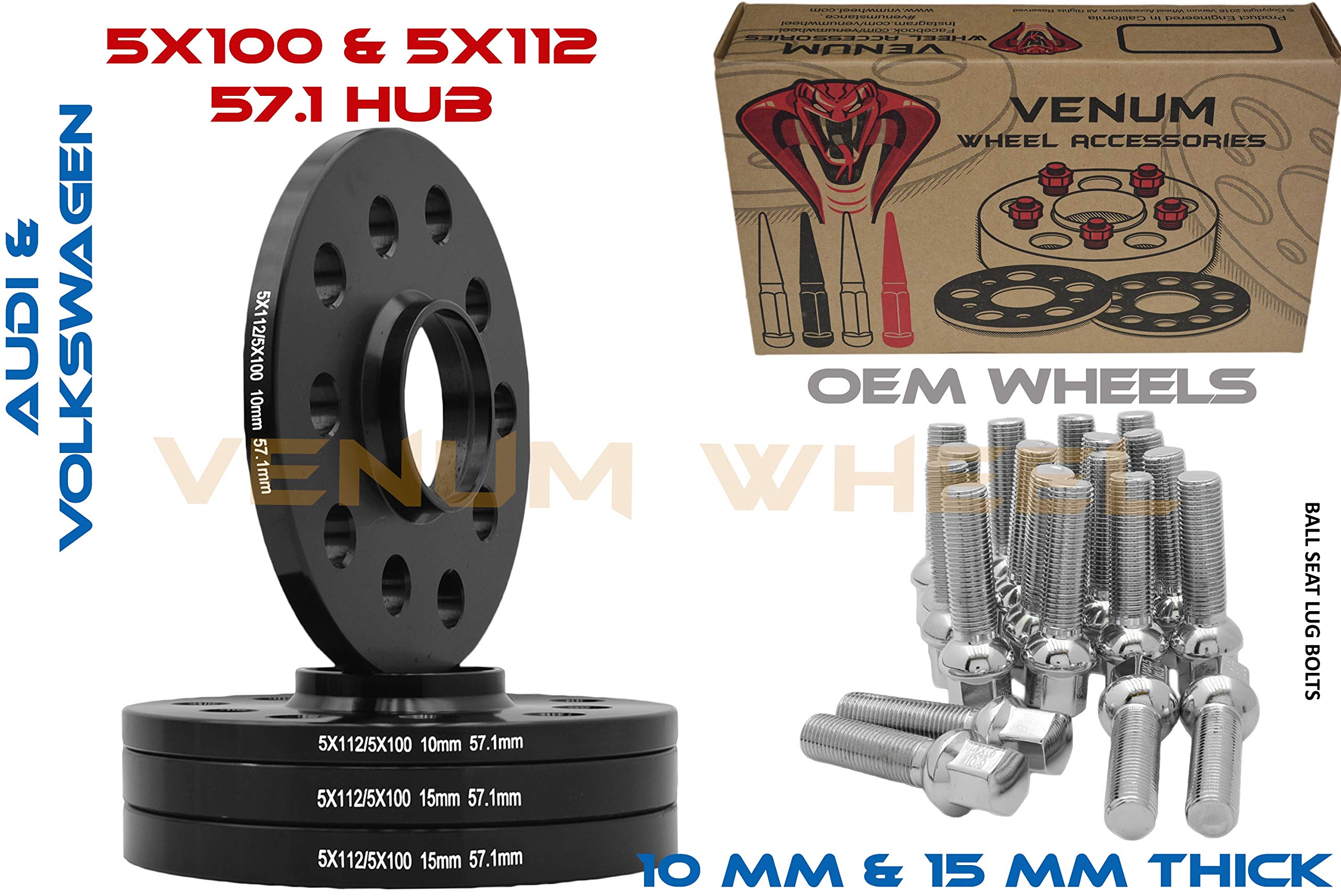 4 Pc 5x100 & 5112 Hub Centric Spacers 10 mm & 15 mm + 14x1.5 Chrome Ball Seat Wheel Lug Bolts Compatible with Jetta TT A3 A4 A6 A8 S4 S6 S8 Golf GTI R32 EOS CC + More W/Factory Wheels